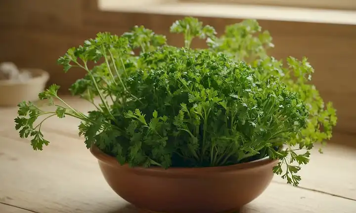 Una inyección vibrante y de cerca de una planta de perejil verde brillante con hojas rizadas, contra un fondo blanco borroso o de color claro, con algunas ramitas en un tazón o mano sobre una mesa de madera rústica, con una iluminación cálida y acogedora