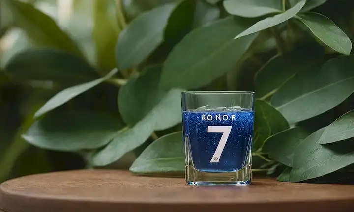 Un refrescante vaso de líquido de color azul con un brillo sutil