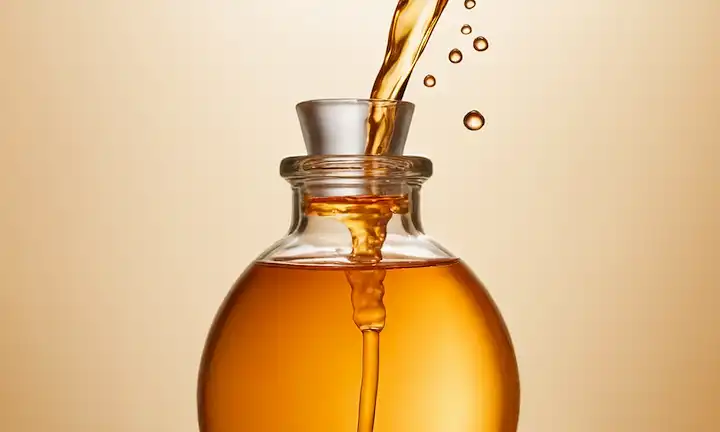 Un líquido naranja vibrante con un brillo sutil, girando alrededor de una botella o recipiente de vidrio; unas gotitas suspendidas en el aire medio; un fondo borroso que sugiere movimiento y energía; enfoque suave en el centro para destacar la calidad dinámica de los sujetos; un toque de calor y luz dorada para evocar sentimientos de optimismo y vitalidad