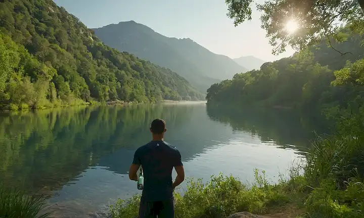 Un sereno lago de montaña con una suave niebla, Cristiano Ronaldo en el fondo, sosteniendo una botella de agua, rodeada de exuberante vegetación, con luz solar filtrando a través de los árboles, y ondas en la superficie de las aguas, transportando tranquilidad y frescura