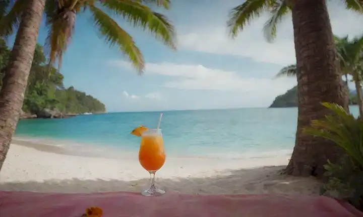 Una calmante escena oceánica con olas suavemente latiendo en una playa serena, donde una persona se relaja bajo una palmera sombreada, rodeada de exuberante vegetación y flores coloridas, con una refrescante bebida en la mano, quizás con unos pocos cubos de hielo que se derriten lentamente en la superficie de la bebida