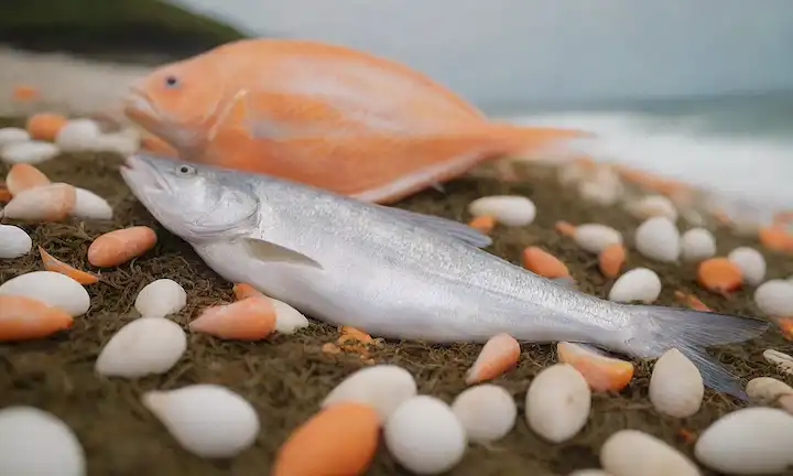 Pescado recién capturado con rayas naranjas brillantes, acostado en una cama de algas y conchas, rodeado de olas oceánicas en un entorno soleado cálido, con algunas gaviotas volando sobre la cabeza, centrándose en los peces escalas vibrantes y características faciales, posiblemente incluyendo una mano humana sosteniendo o liberando suavemente