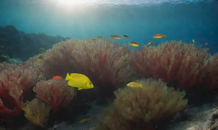 Pescado colorido nadando en un fondo de arrecife de coral con algas verdes brillantes