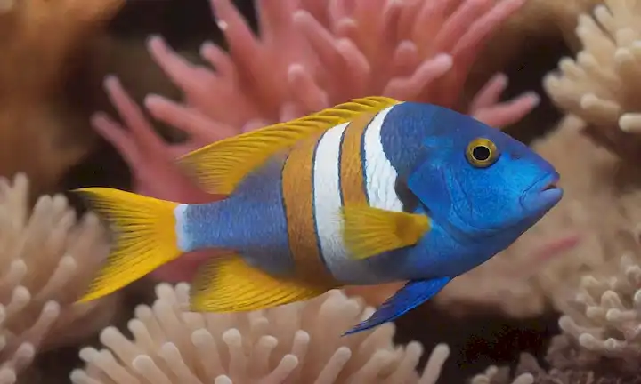 Un pez azul vibrante y brillante con un patrón distintivo de rayas amarillas y blancas, nadando cerca de un arrecife de coral; rodeado de escuelas de peces más pequeños en tonos de naranja, rosa y púrpura; con algas marinas y algas balanceándose suavemente en la corriente; con un fondo cálido y dorado; transmitiendo una sensación de energía, movimiento y vida acuática