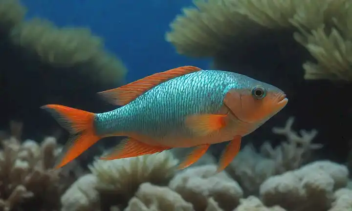 Un pez rojo naranja vibrante nadando en un océano verde azul, sus aletas y cola brillando con escalas iridiscentes, rodeado de algas y arrecifes de coral, con un brillo sutil que sugiere sus propiedades medicinales