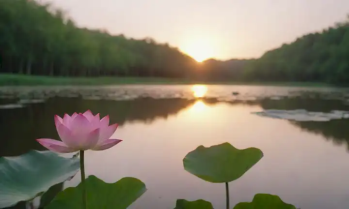 Un paisaje sereno con una flor de loto floreciendo en un lago tranquilo, rodeado de vegetación exuberante, una paloma volando sobre la cabeza, y un cálido resplandor de sol iluminando la escena