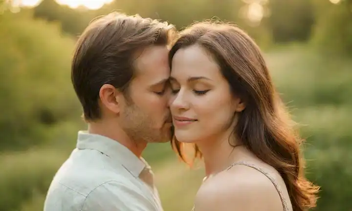Un retrato cálido y dorado de dos individuos que abrazan, con un enfoque suave y una luz suave; un fondo sutil de vegetación exuberante o un paisaje sereno; las caras de las parejas se vuelven hacia el otro, los ojos cerrados en contentamiento; sus cuerpos forman una curva armoniosa, transportando confianza e intimidad