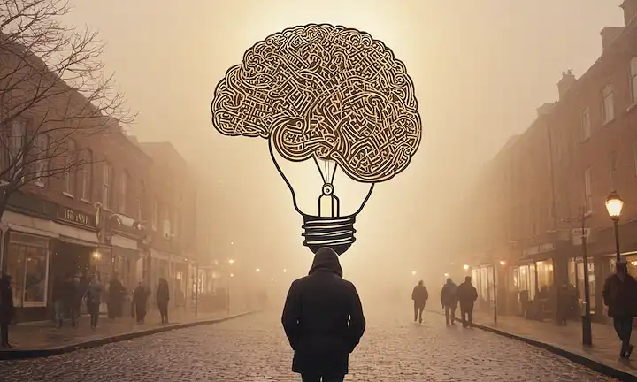 Un cerebro de personas con un laberinto en él, una pieza de rompecabezas que encaja en el lugar, una nube de pensamientos giratorios, un momento cálido de faro, un camino que se desboca por la niebla, una figura caminando por una calle llena, un mapa mental que se desarrolla, una chispa creativa volando hacia fuera