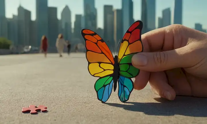 Las manos 3D sostienen una pieza de rompecabezas con bordes coloridos, una mariposa que emerge de un capullo, una persona que abraza su propia sombra, colores vibrantes mezclando juntos como una paleta de pintura, una persona caminando sola pero no aislada en medio de un paisaje urbano