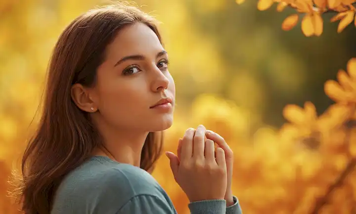 Una persona que abraza su singularidad, rodeada de un fondo cálido y vibrante, con elementos de naturaleza como flores o hojas, con un enfoque suave en los bordes, transmitiendo sentimientos de autoaceptación y paz interior