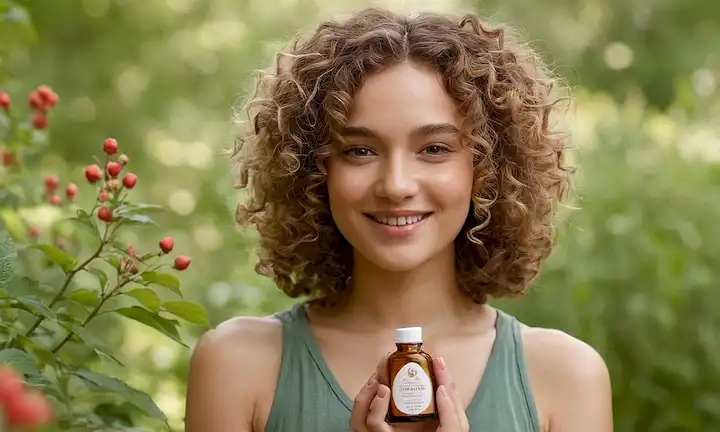 Una persona con pelo rizado, sonriendo, en un entorno natural, sosteniendo una botella de aceite de rosa, rodeada de flores y hojas, con suaves tonos ligeros, cálidos y un sentido de serenidad