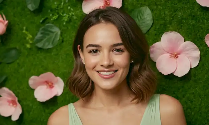 Una persona con piel brillante y saludable, sonriendo, con un fondo verde, con un diseño parecido al pétalo rosa, rodeado de vegetación exuberante, con iluminación sutil y texturas naturales, evocando sentimientos de serenidad y renovación