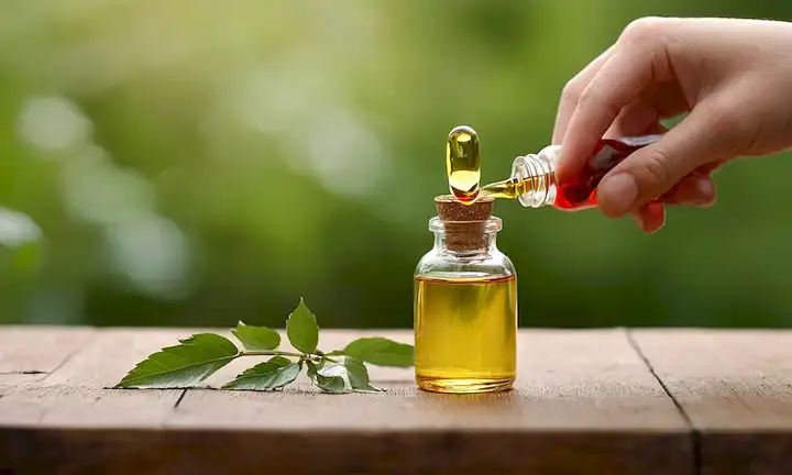 Una persona que sostiene una pequeña botella con aceite de rosquilla, rodeada de vegetación, sobre una mesa de madera; disparo de cerca de una mano que aplica el aceite a la piel, destacando la tez hidratada; enfoque suave en un cabello de personas, con hilos cayendo suavemente alrededor de su cara, transmitiendo una sensación de relajación