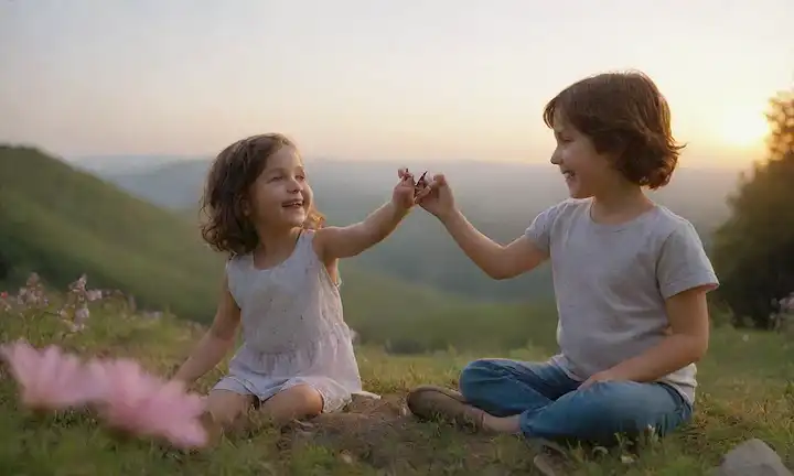 Una persona sentada en un pico de montaña, brazos extendidos en libertad; un niño sonriente sosteniendo una mariposa, rodeada de flores; una pareja abrazando con puesta de sol en el fondo, sintiéndose segura y contenta; un paisaje forestal pacífico con un flujo de viento, evocando sentido de serenidad