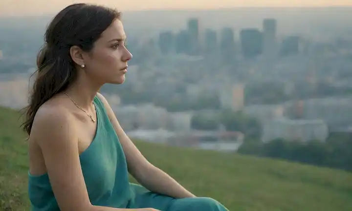 Una persona serena y ansiosa, sentada sola en una colina con vistas a un horizonte urbano con tonalidades verdes y azules, rodeada de sutiles toques de joyas de oro o accesorios, con una sombra tenue sobre su hombro, sugiriendo una presencia invisible