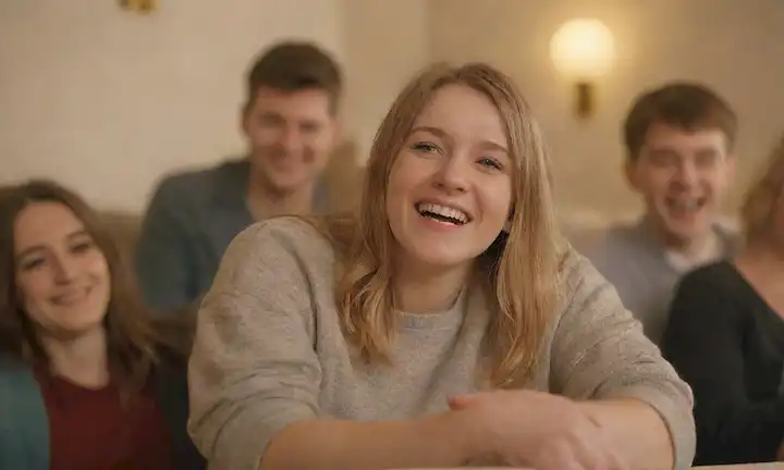 Una persona sentada en un sofá con una mezcla de expresiones faciales felices y preocupadas