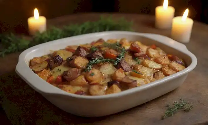 Un plato de gratín cálido y acogedor dorado rebosante de raíz asada medley vegetal, rematado con patatas crujientes, hierbas frescas esparcidas alrededor de los bordes, una gota de salsa cremosa en el centro, suave brillo de vela en el fondo, mesa rústica de madera
