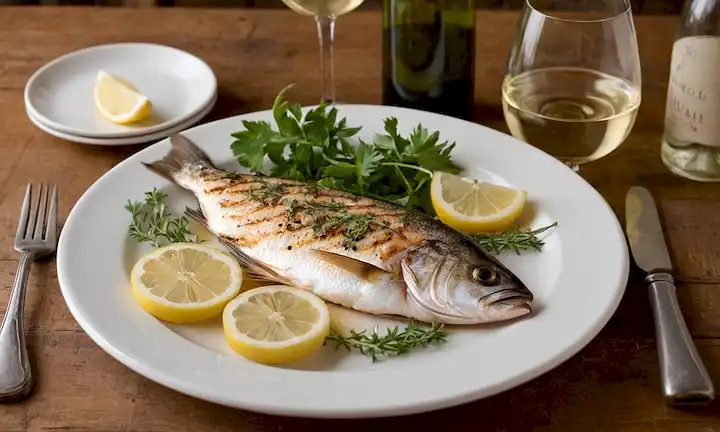 Un plato caliente lleno de pescado a la parrilla