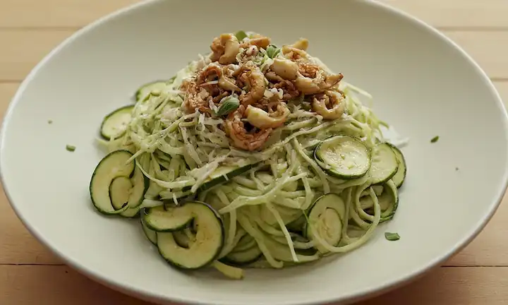 Cremy salsa de anacardos goteaba sobre los fideos de calabacín tiernos, rematado con macetas fritas crujientes, hojas de albahaca frescas y un espolvor de queso parmesano rallado, con un fondo dorado cálido