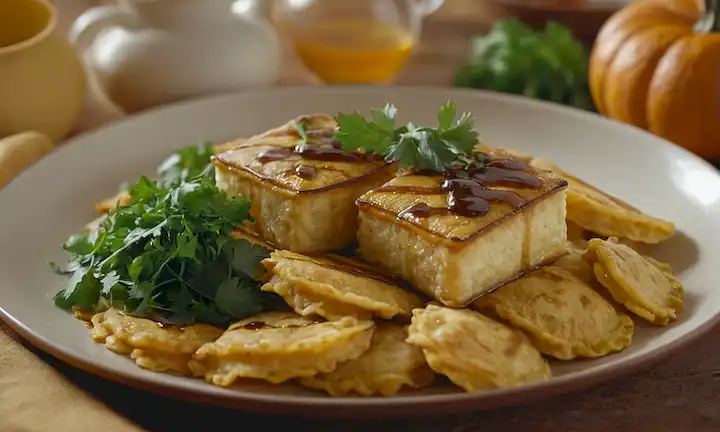 Tofu crujiente, hojas cilantro frescas, salsa de soja drizzle, ravioli dorado, relleno de calabaza, bordes crujientes, colores otoñales, luz natural, ambiente cálido