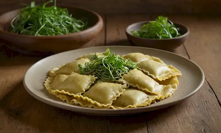 Un ravioli cálido, dorado y ligeramente carbonizado en un plato, con un vibrante calabacín verde llenado visible desde dentro, rodeado de delicadas hojas de pasta artesanales, adornadas con hierbas frescas y microgreens, contra una mesa de madera rústica o encimera de piedra