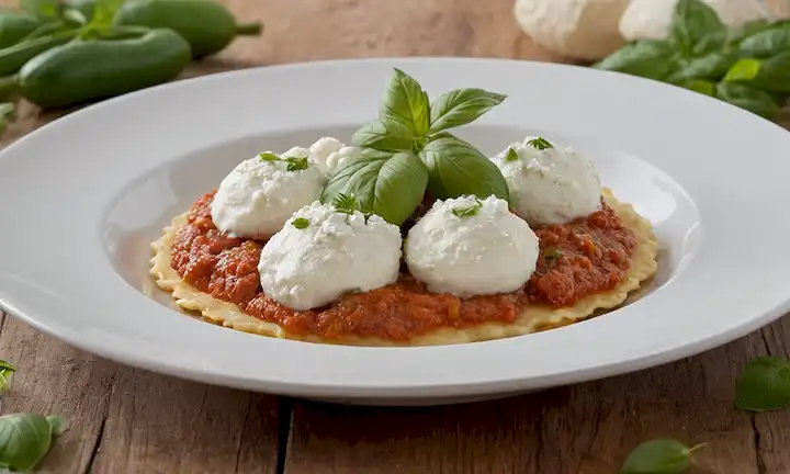 Un plato con una crujiente salsa de tomate frito, queso ricota cremoso, y perlas frescas de mozzarella, rodeado de hierbas aromáticas en la parte superior de ravioli lleno de calabacín, presentado en una placa blanca contra un fondo de madera natural, con algunas hojas de albahaca extra dispersadas