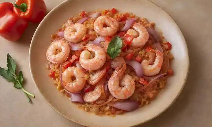 Skewers de camarones suculentos, pimientos rojos vibrantes, y cebollas translúcidas, suspendidas sobre una cálida placa dorada marrón, rodeada de un delicado patrón de hierbas y especias, con unos trozos jugosos de fruta fresca dispersos por el color y la textura añadidos, todo en contra de un fondo beige suave y cremoso