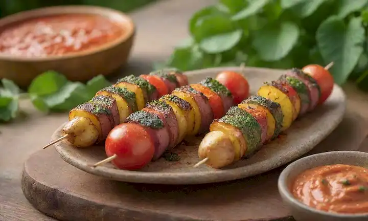 Una imagen vibrante y apetecible que ofrece, coloridas y suculentas cortas de patata, dispuesta en un patrón rústico, con pesto de tomate fresco goteado sobre ellos, rodeado de vegetación exuberante, con un fondo cálido y acogedor, posiblemente de piedra de madera o natural, evocando la sensación de un BBQ de verano