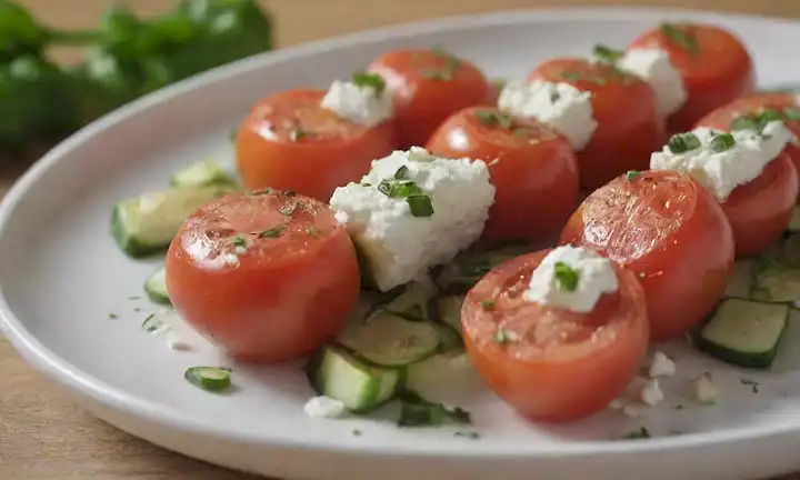 tomates maduros y calabacines crujientes, dorados y ligeramente carbonizados, contra un fondo cálido y soleado, con hierbas como perejil o orégano espolvoreado encima, evocando una cocina de inspiración griega