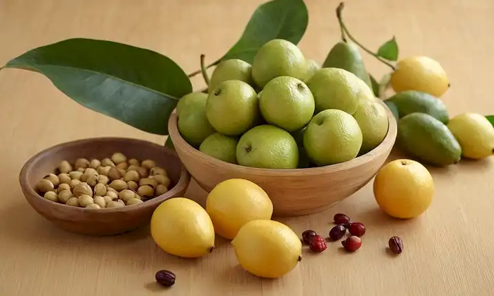 Frutas chirimoya frescas con hojas, colocadas sobre una mesa de madera, sobre un fondo beige cálido, con suave luz natural, y algunos frutos maduros diseminados alrededor, transmitiendo un sentido de abundancia, frescura y delicadeza
