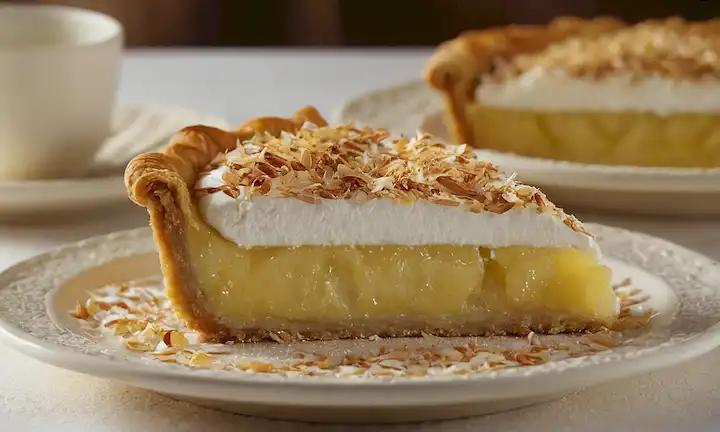 frutas maduras de chirimoya, corteza dorada de pastelería marrón, remolinos de crema de coco cremosa, espolvoreo de polvo caliente de canela, delicados bordes de pastelería, dulce y acogedor presentación de postres