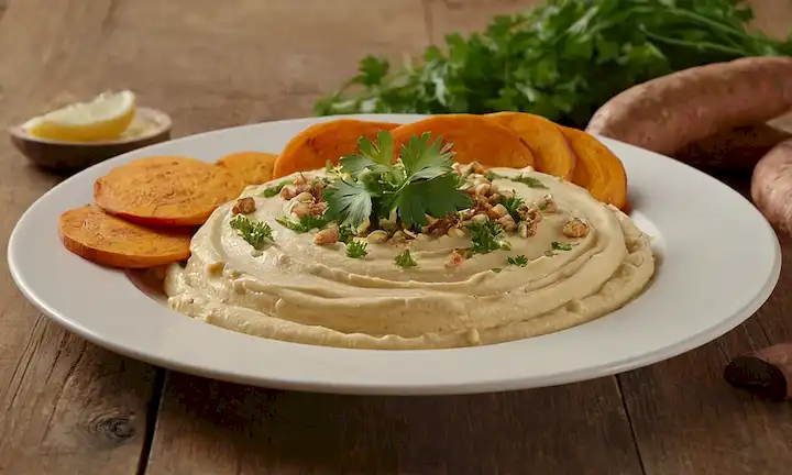 Placa 3D con hummus cremoso, verduras crujientes crujientes y rebanadas de batata asada en un fondo rústico de madera con suave iluminación dorada, adornada con perejil fresco y cuñas de limón