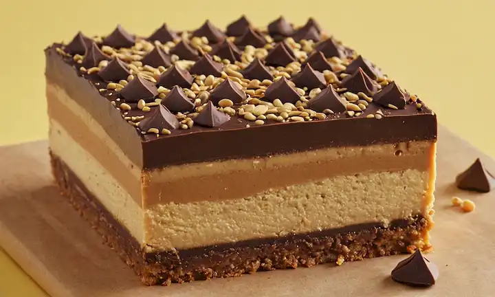 3 capas, base de galletas crumbly, relleno de mantequilla de cacahuete cremoso, topping de chocolate rico, bordes dorados marrones, centro suave, forma redondeada rectángulo, espolvos decorativos