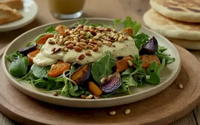 Un plato con una ensalada verde vibrante rematada con verduras asadas