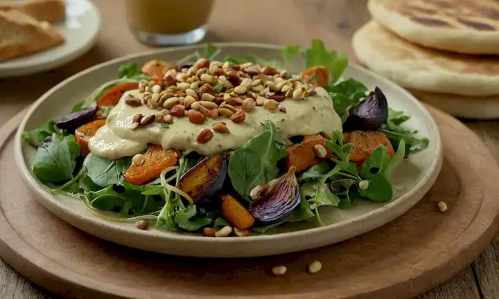 Un plato con una ensalada verde vibrante rematada con verduras asadas