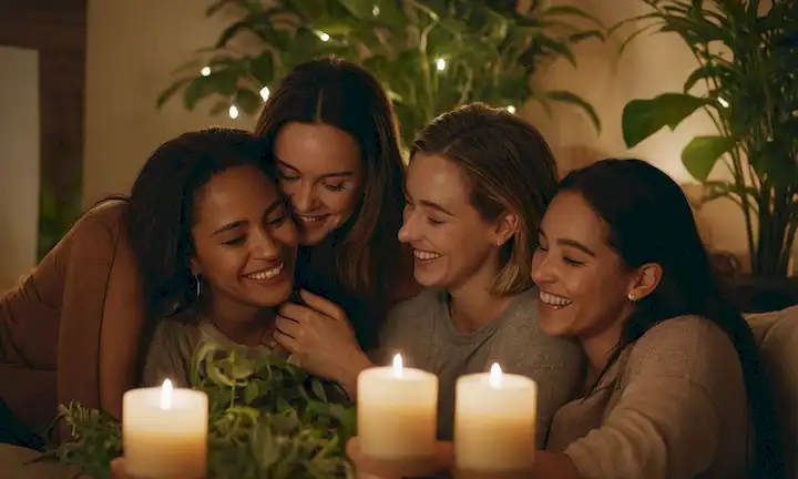 3-4 personas, diferentes edades y géneros, riéndose juntos, abrazando o compartiendo un momento romántico, con diferentes tonos de piel y tipos de cuerpo, en un acogedor entorno de hogar, rodeado de plantas, velas y iluminación suave