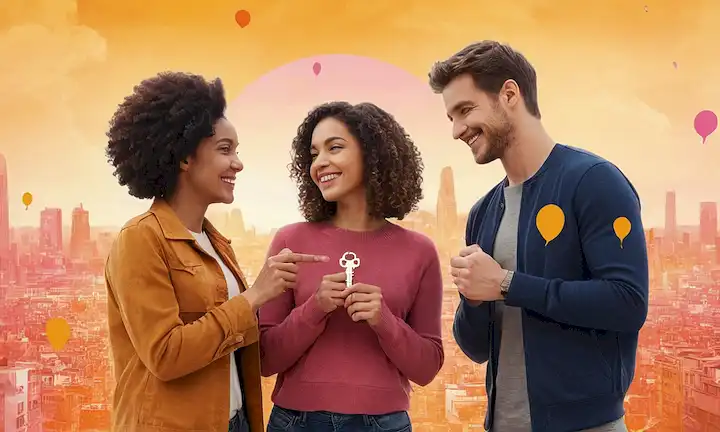 3 personas de pie junto con brazos alrededor de cada uno hombros, sonriendo; una persona en el centro sosteniendo un símbolo clave, dos personas en el fondo abrazando; un paisaje urbano borroso o formas abstractas para representar libertad y apertura; colores cálidos como naranja, amarillo y rosa para transmitir intimidad y amor