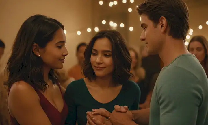 Un grupo diverso de parejas que abrazan, sostienen las manos, o comparten momentos íntimos; un ambiente cálido y acogedor; colores vibrantes que representan la individualidad y la armonía; enfoque suave en las caras para enfatizar las emociones; sutiles toques de actividades e intereses compartidos; iluminación suave destacando la conexión entre socios; lenguaje corporal juguetón y relajado
