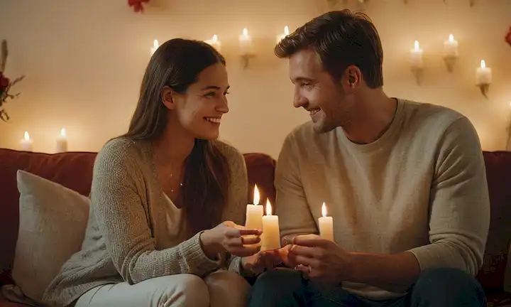 2 personas sentadas en un sofá, sonriendo unos a otros, tocando las manos, rodeadas de velas, flores y una sutil luz de fondo, transmitiendo calidez, intimidad y conexión