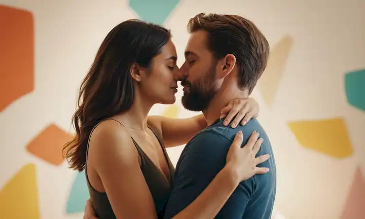 Pareja abrazando, las manos entrelazadas, rodeadas de formas abstractas que representan libertad y flexibilidad; un fondo borroso con toques de color y textura; iluminación suave con tonos cálidos; lenguaje corporal suave y relajado; una representación abierta o abstracta del espacio alrededor de ellos