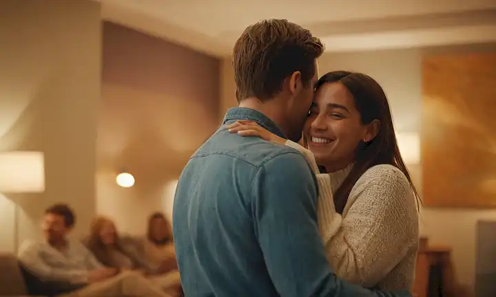 2 personas en una habitación, caras no mostradas, abrazando o sosteniendo manos, sonriendo, diversos géneros, ambiente relajado, fondo con iluminación suave, formas borrosas o abstractas, calidez y coziness irradiando de la escena