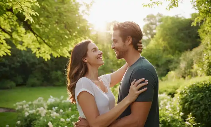 Una pareja que abraza con brazos abiertos