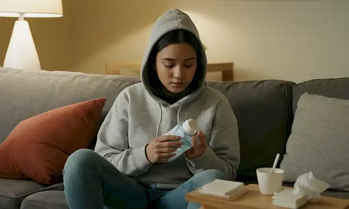 Una persona sentada en un sofá con una caja de tejidos cercanos