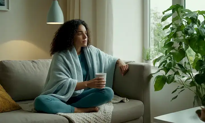 Persona con ropa cómoda, estirada cerca de una ventana con luz natural, sosteniendo una taza o botella de agua, sentada en un sofá o sillón con una manta, rodeada de plantas, y teniendo una expresión relajada