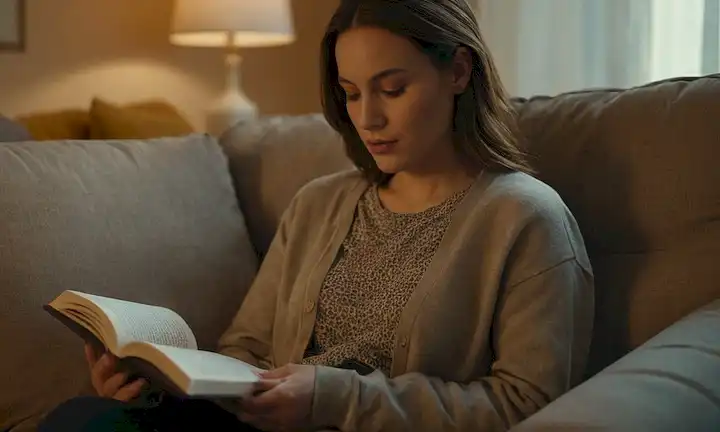 Un ambiente cálido y reconfortante, una persona sentada en un sofá, un libro o una revista abierta en su regazo, una taza de café o té cerca, iluminación suave, colores suaves, una expresión tranquila, un sentido de introspección, vulnerabilidad y autoconciencia