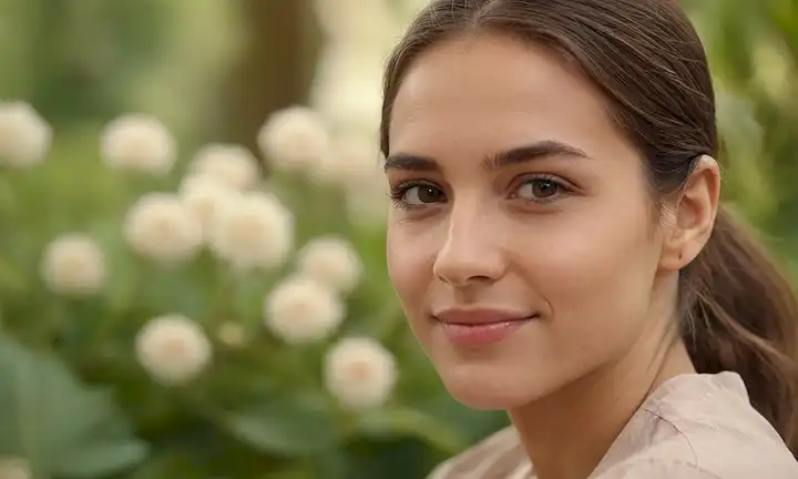 Una fotografía cálida de enfoque suave que muestra a una persona, un ambiente tranquilo con colores suaves, una sonrisa sutil, gestos suaves de la mano, ojos mirando directamente al espectador, rodeado de elementos naturales como flores o hojas, transmitiendo un sentido de empatía y comprensión