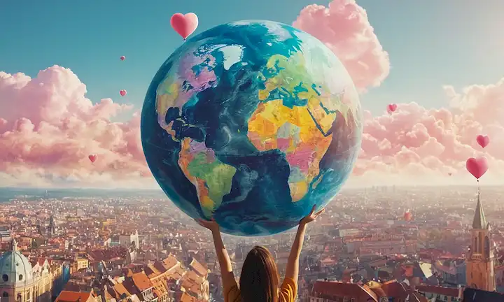 Una persona rodeada de nubes en forma de corazón, con una cara sonriente y brazos abrazando un globo, en medio de un paisaje urbano con colores brillantes y formas abstractas