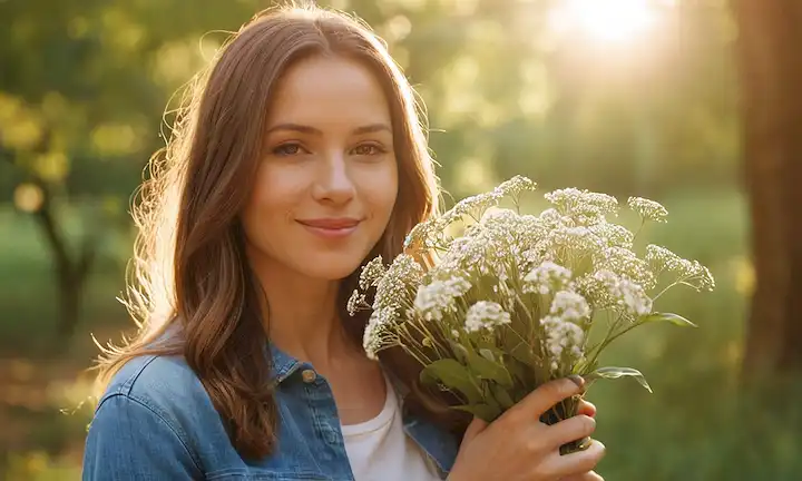 una persona tranquila en la naturaleza, manos sosteniendo flores, suave sonrisa, luz solar filtrando a través de árboles, colores cálidos, ambiente tranquilo