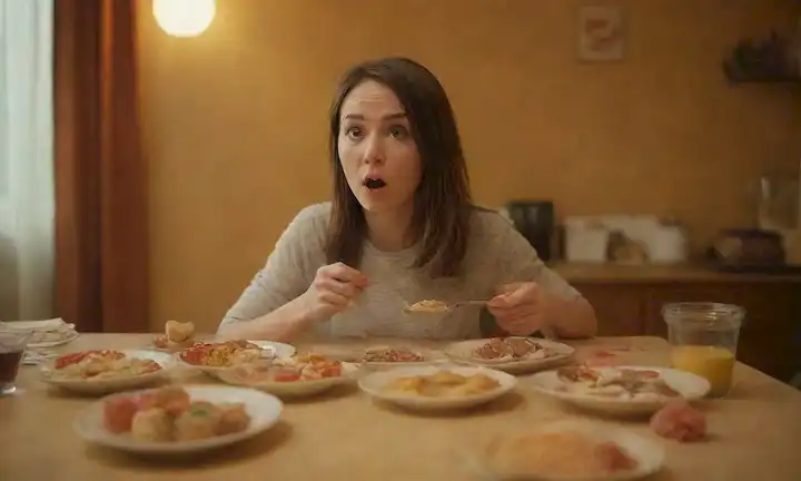 Una persona rodeada de dulces y salados, con una expresión neutral, en un fondo caliente, posiblemente con algunos objetos relacionados con la comida como utensilios o placas