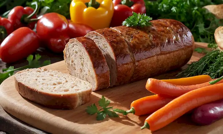 3-4 salchichas coloridas en una tabla de corte de madera, adornadas con hierbas frescas y verduras cortadas, como zanahorias y pimientos de campana, con un tazón de pan crujiente en el fondo